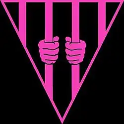Logo of Black and Pink. Black background with a pink triangle crossed by prison bars, with two hands holding the bars.