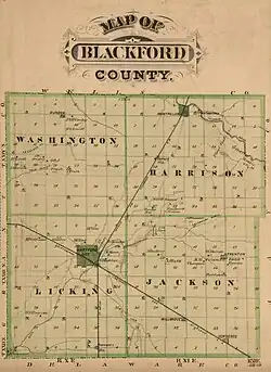 1876 map showing Blackford County. One line moves north–south through Hartford City and Montpelier, and the other moves east–west through Hartford City.