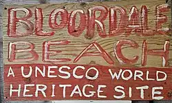 A sign from Bloordale Beach proclaiming it a UNESCO World Heritage Site
