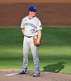 Trent Thornton pitching for the Toronto Blue Jays in 2020.
