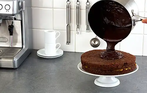 Ganache being poured atop a cake