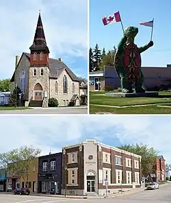 Clockwise from upper left St. Paul's United Church, Tommy the Turtle Statue, and the former Boissevain Post Office in the town centre