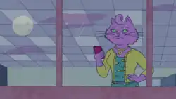 A screenshot from the television series BoJack Horseman, showing the character Princess Carolyn (Amy Sedaris) a anthropomorphized pink cat holding her smartphone whilst looking out of her office window at night.