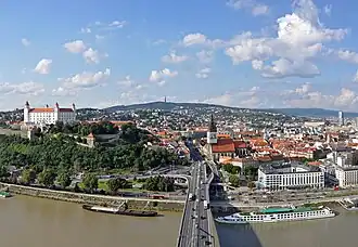 Bratislava Castle and St. Martin's Cathedral, as seen from Most SNP