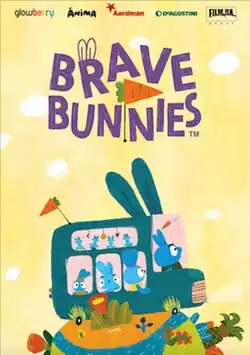 Illustration: Under the title 'Brave bunnies', a rabbit-shaped bus drives on a slightly larger globe. Through the bus's windows, eight bunny characters are seen: the adults facing forward while the children face the viewer.