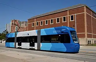 A Brookville Liberty Modern Streetcar on the Oklahoma City Streetcar system