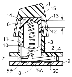 Illustration from the original buckling spring U.S. patent 4,118,611, issued to IBM in 1978