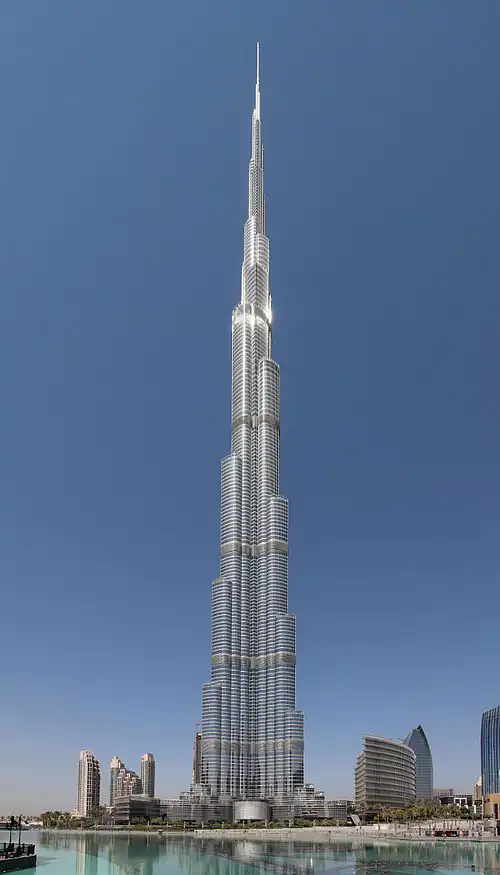 The Burj Khalifa is the current tallest building in the world. The setbacks at various heights are a typical skyscraper feature.