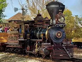A 3/4 view of the Glenbrook waiting for a train to pass at the Nevada State Railroad Museum.