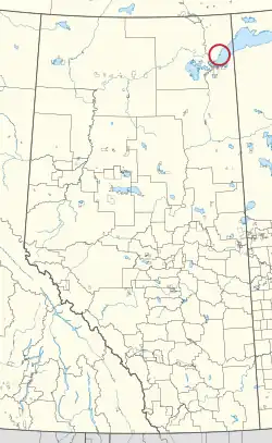 A map of the province of Alberta showing 80 counties and 145 small Indian reserves. One is highlighted with a red circle.