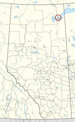 A map of the province of Alberta showing 80 counties and 145 small Indian reserves. One is highlighted with a red circle.
