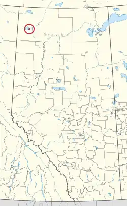 A map of the province of Alberta showing 80 counties and 145 small Indian reserves. One is highlighted with a red circle.