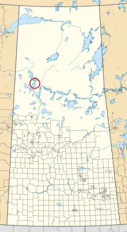 A map of the province of Saskatchewan showing 297 rural municipalities and hundreds of small Indian reserves. One is highlighted with a red circle.