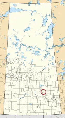 A map of the province of Saskatchewan showing 297 rural municipalities and hundreds of small Indian reserves. One is highlighted with a red circle.