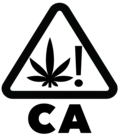 A black symbol featuring a cannabis leaf and exclamation mark inside a rounded triangle outline with "CA" in bold letters below