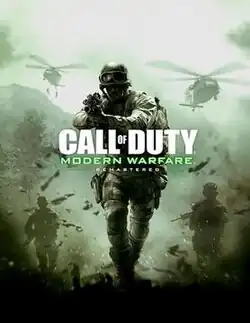 A US marine moves forward towards the viewer, pointing his gun ahead. He is backed by two other marines and two aloft helicopters, with trees and hills in the background. The words "Call of Duty Modern Warfare Remastered" are positioned in the centre across the first marine's midriff.