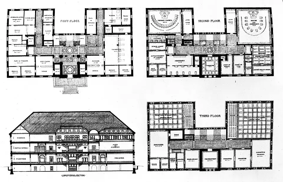 Floor plans for the Cambridge City Hall. Built between 1888 and 1889.