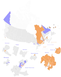 Identification of ridings gained by each party, relative to 2008.
