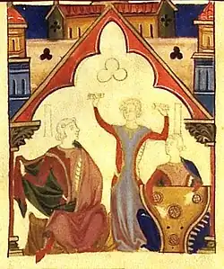 13th century Spain. Clappers raised overhead in a miniature in the Cancioneiro da Ajuda, folio 59