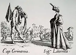 Jacques, Callot. Balli di Sfessania: Captain Cermonia and Larinia. c. 1620. Etching. [dimensions unknown]. Courtesy Artstor.