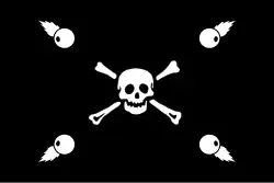 Interpretation of the Jolly Roger flag depicted on a 1811 painting of a 1796 battle, flown by the French First Republic privateer 'La Mouche', captained by a "Jean Adrian".[47] The flaming grenades are speculative, based on inexplicable white dots on the original.