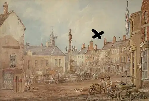 Margery Jackson's house with roof gallery, below the cross and behind the white horse, in Carlisle Market Place, 1835