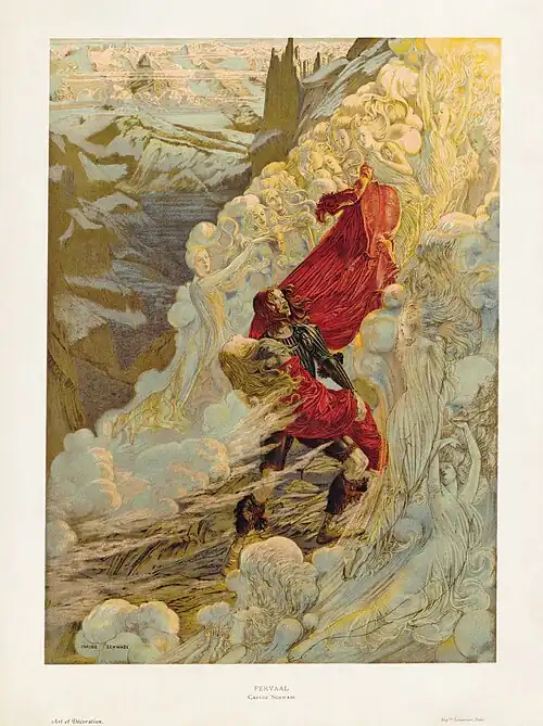 Image 15 Fervaal Illustration credit: Carlos Schwabe; restored by Adam Cuerden Fervaal is an opera with a prologue and three acts by the French composer Vincent d'Indy. Fervaal is the son of a Celtic king and is destined to be the last advocate of the old gods. His mission is to save his homeland from invasion and pillage, but in doing so he must renounce love. This illustration, by the Swiss painter Carlos Schwabe, relates to the 10 May 1898 premiere of the opera at the Théâtre de l'Opéra-Comique in Paris. Here, Fervaal is depicted ascending a mountain while carrying the body of his beloved Guilhen at the end of the opera, as the pagan gods and their worshippers fade out of existence with the dawn of Christianity. More selected pictures