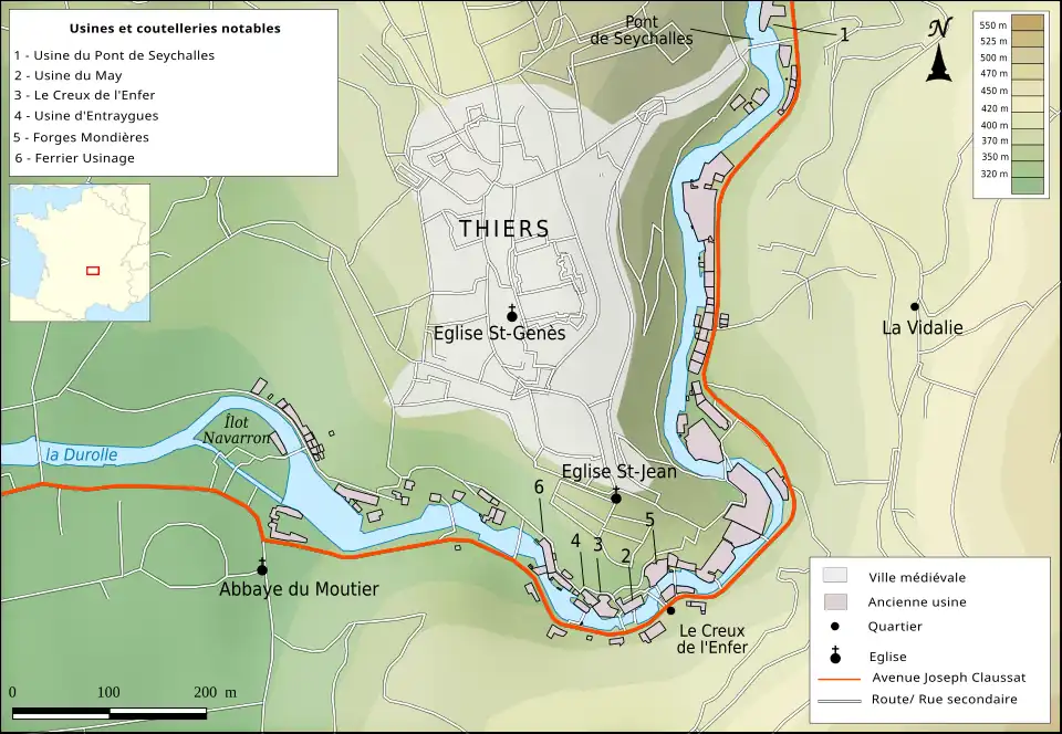 Map showing the course of the Durolle River around the east and south of Thiers, and locating the main factories on the river's banks.