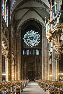 The narthex of the cathedral and massive pillars supporting the tower, seen from the central nave