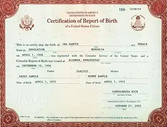 A State Department certification of report of birth, issued between 1990 and 2010