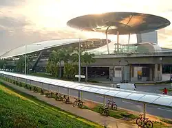 Two overlapping steel roofs over Expo station