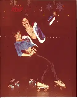 A roller disco couple at the Sheepshead Bay Roll-A-Palace in Brooklyn, New York, 1979