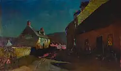 painting in low contrast colors, possibly at dusk, facing down a street, on each side are three story buildings with pitched roofs and dormer windows