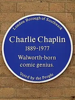 London Borough of Southwark blue plaque at 279 Walworth Road, commemorating Charlie Chaplin