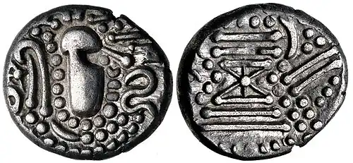 A Chaulukya-Paramara coin, circa 950-1050 CE. Stylized rendition of Chavda dynasty coins: Indo-Sassanian style bust right; pellets and ornaments around / Stylised fire altar; pellets around.[19]