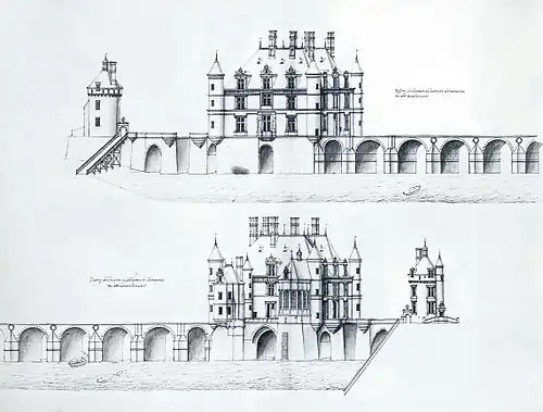 The bridge over the Loire of the Chateau de Chenonceau was designed and built by de l'Orme[10] (drawing by Jacques Androuet du Cerceau)