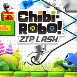 A 3D render of a small robot running along the ground while throwing a power cord in front of itself that ricochets between the image's border and the game's logo