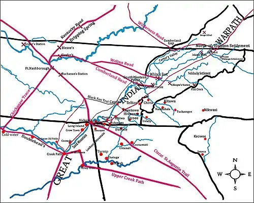 Map with settlements, roads and trails