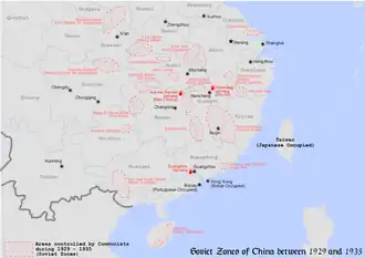 Map showing the communist-controlled Soviet Zones of China during and after the encirclement campaigns. These areas were re-controlled by the Nationalist government after 1934.