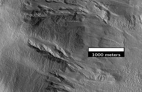 Close-up of Chincoteague Crater, as seen by HiRISE Gullies are visible on the wall. Gullies are being formed today with dry ice. In the past water may have been involved.