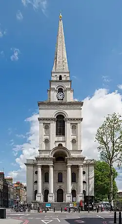 Baroque Tuscan columns of the Christ Church, London, by Nicholas Hawksmoor, 1714–1729