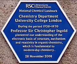 Royal Society of Chemistry plaque on the Chemistry Department of University College London, recording the work carried out there by Sir Christopher Ingold (erected 2008)