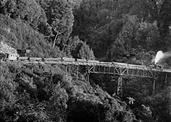 Climax locomotive hauling logs over the Mangatukutuku Viaduct