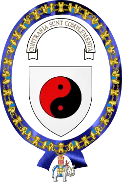 Coat of arms adopted by Niels Bohr in 1947, showing a taijitu in red and black, with the motto contraria sunt complementa ("opposites are complementary").