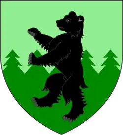 A coat of arms showing a black bear on a green field.