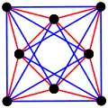 3{3}3, or , with 8 vertices in black, and 8 3-edges colored in 2 sets of 3-edges in red and blue[12]