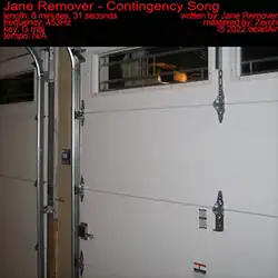 A garage interior with red text consisting of information about the song's release placed atop a black bar