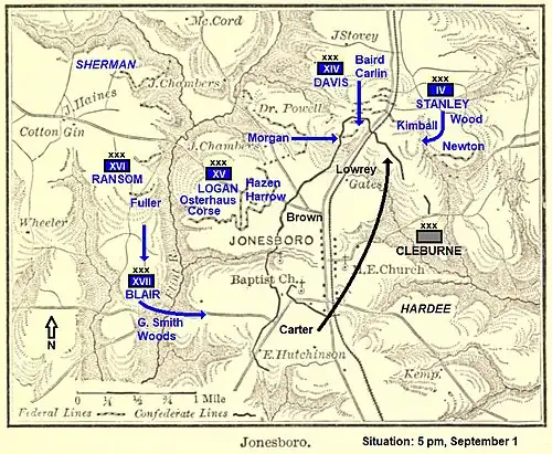 Map shows Battle of Jonesborough at 5 pm on 1 September 1864.