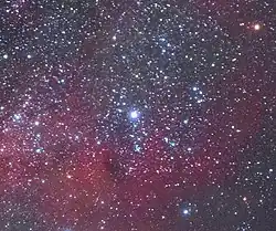 Vela OB2 with its brightest star Gamma2 Velorum is located in the Gum Nebula. The image also contains the smaller star cluster NGC 2547 in the lower left part.