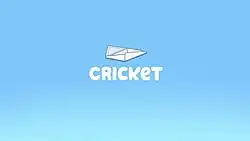 A screenshot for the title card for the Bluey episode, "Cricket", featuring an opened envelope in front of a blue background.